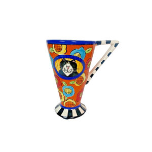 Candace Reiter CATZILLA 14 oz Footed Pedestal Orange Blue Striped Art Mug 2005